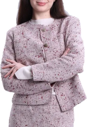 Amazhiyu Womens Wool Button-up Cropped Tweed Jacket Blazer Slim Fit with Pockets