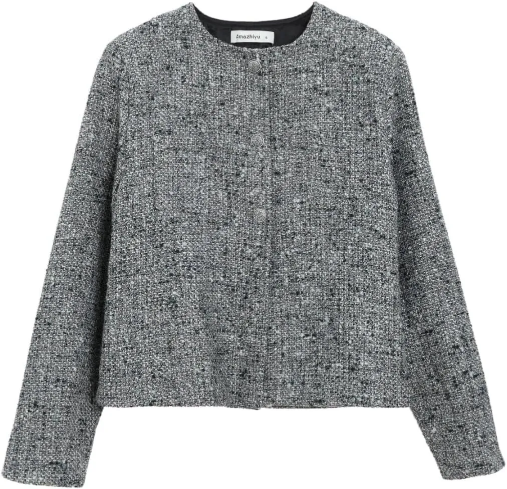 Amazhiyu Womens Wool Button-up Cropped Tweed Jacket Blazer Slim Fit with Pockets