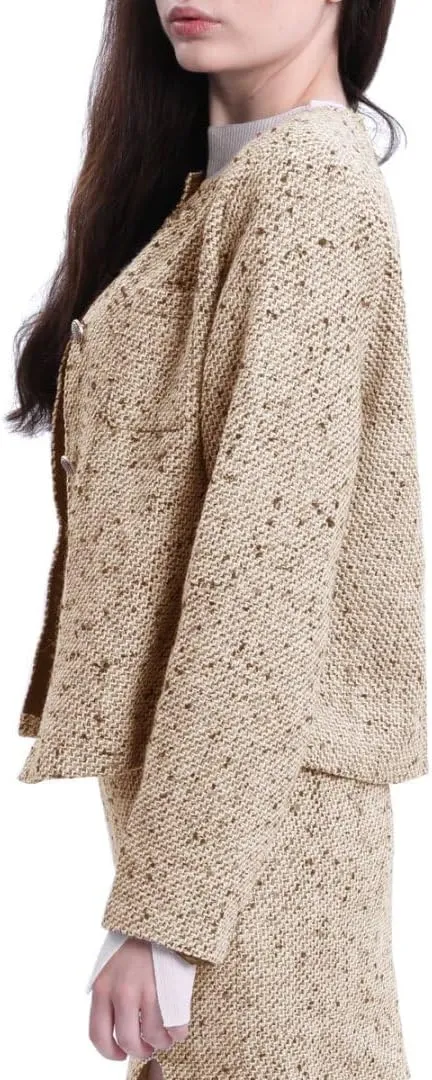 Amazhiyu Womens Wool Button-up Cropped Tweed Jacket Blazer Slim Fit with Pockets