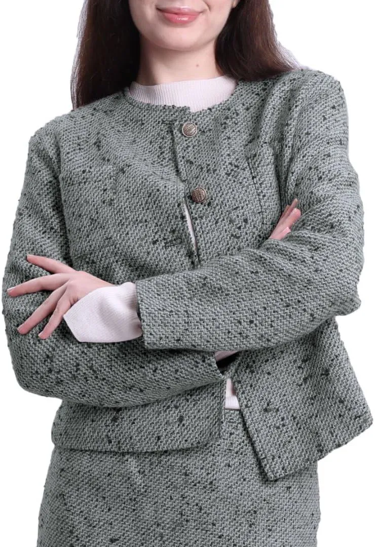 Amazhiyu Womens Wool Button-up Cropped Tweed Jacket Blazer Slim Fit with Pockets
