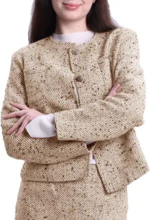 Amazhiyu Womens Wool Button-up Cropped Tweed Jacket Blazer Slim Fit with Pockets