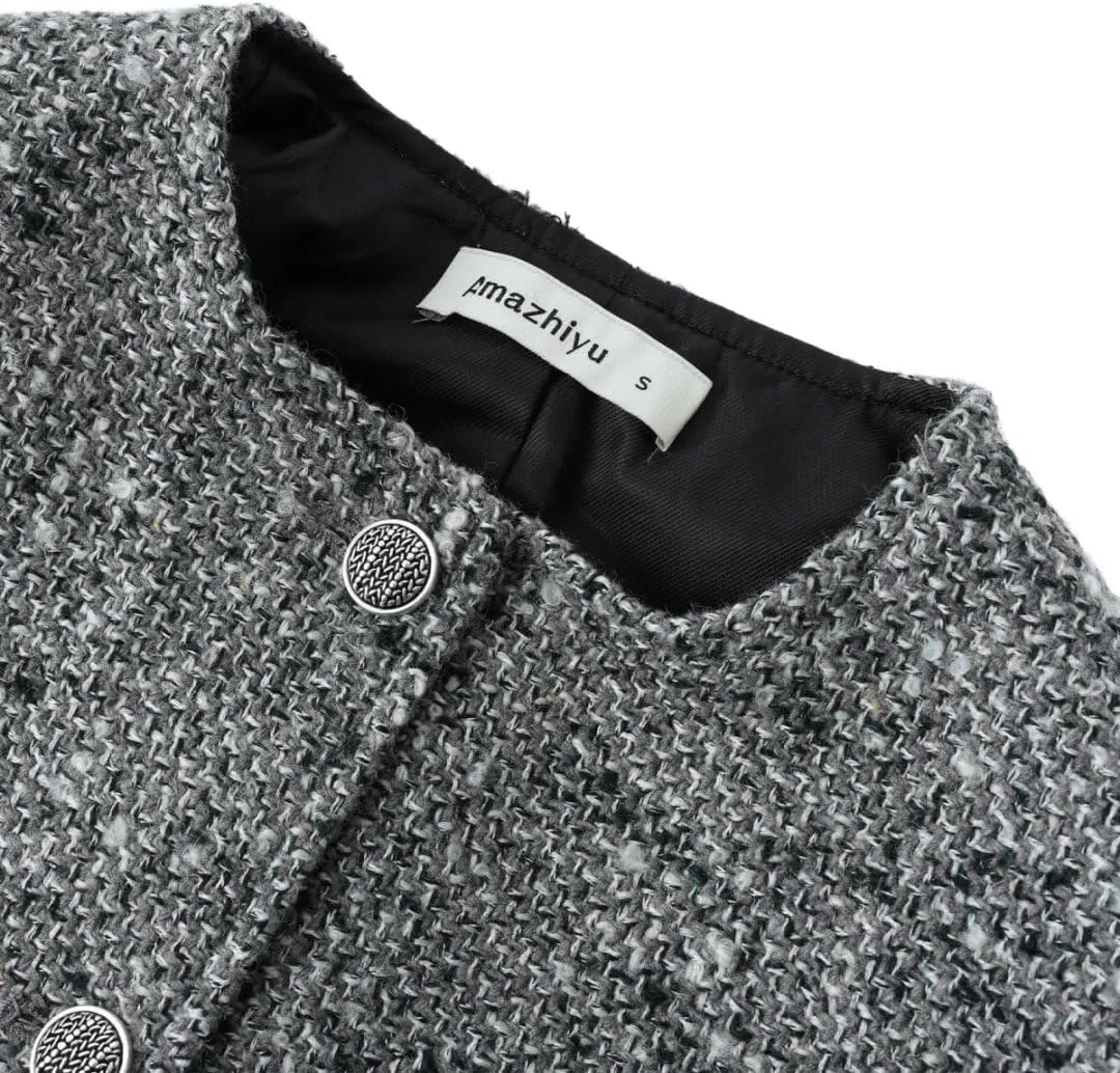 Amazhiyu Womens Wool Button-up Cropped Tweed Jacket Blazer Slim Fit with Pockets