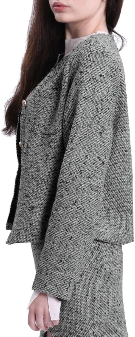 Amazhiyu Womens Wool Button-up Cropped Tweed Jacket Blazer Slim Fit with Pockets