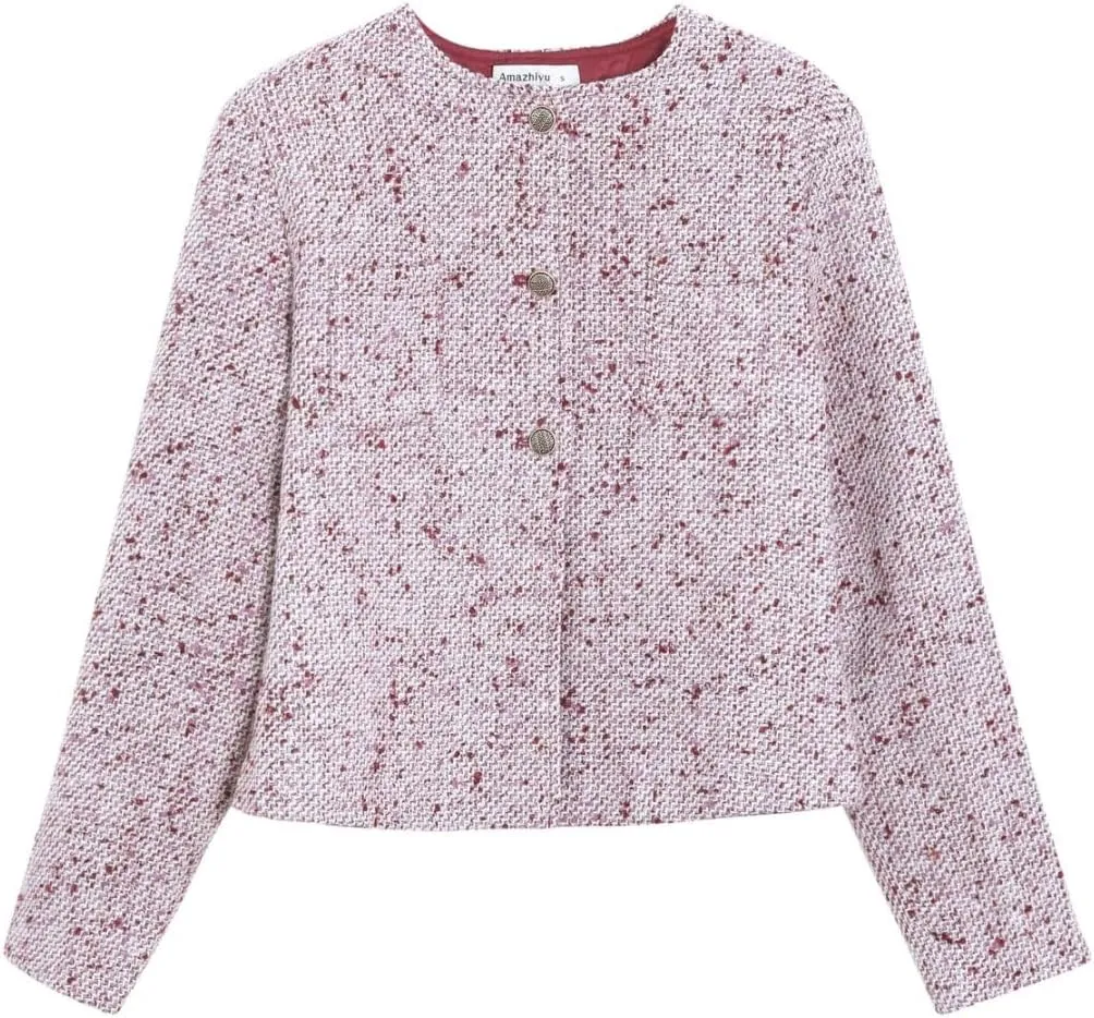 Amazhiyu Womens Wool Button-up Cropped Tweed Jacket Blazer Slim Fit with Pockets