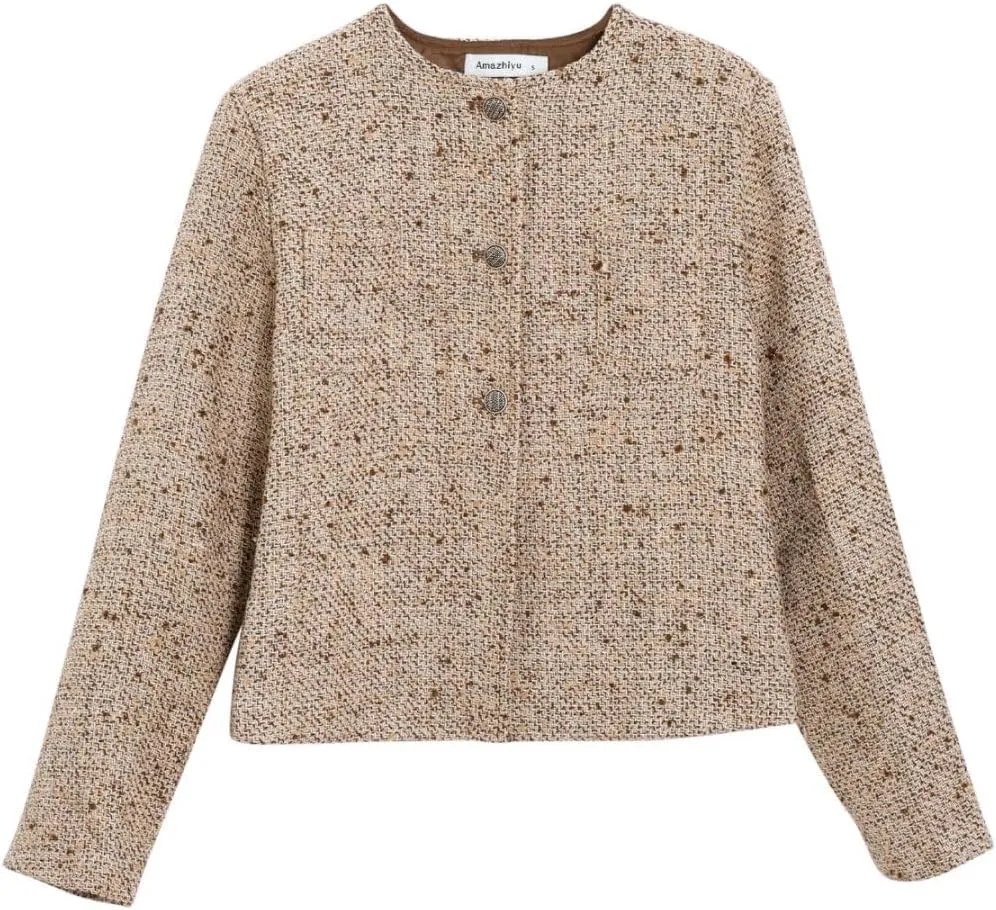 Amazhiyu Womens Wool Button-up Cropped Tweed Jacket Blazer Slim Fit with Pockets