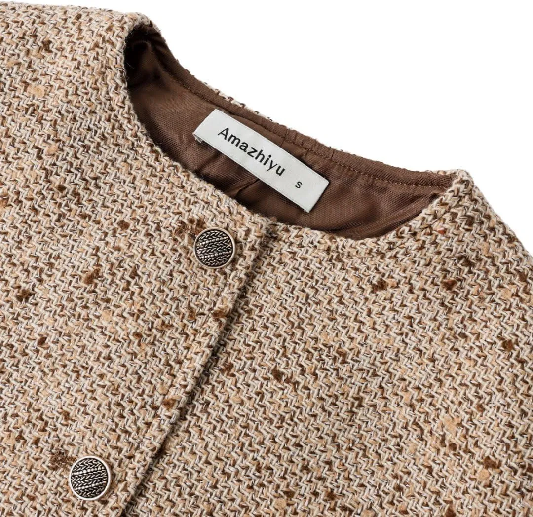 Amazhiyu Womens Wool Button-up Cropped Tweed Jacket Blazer Slim Fit with Pockets