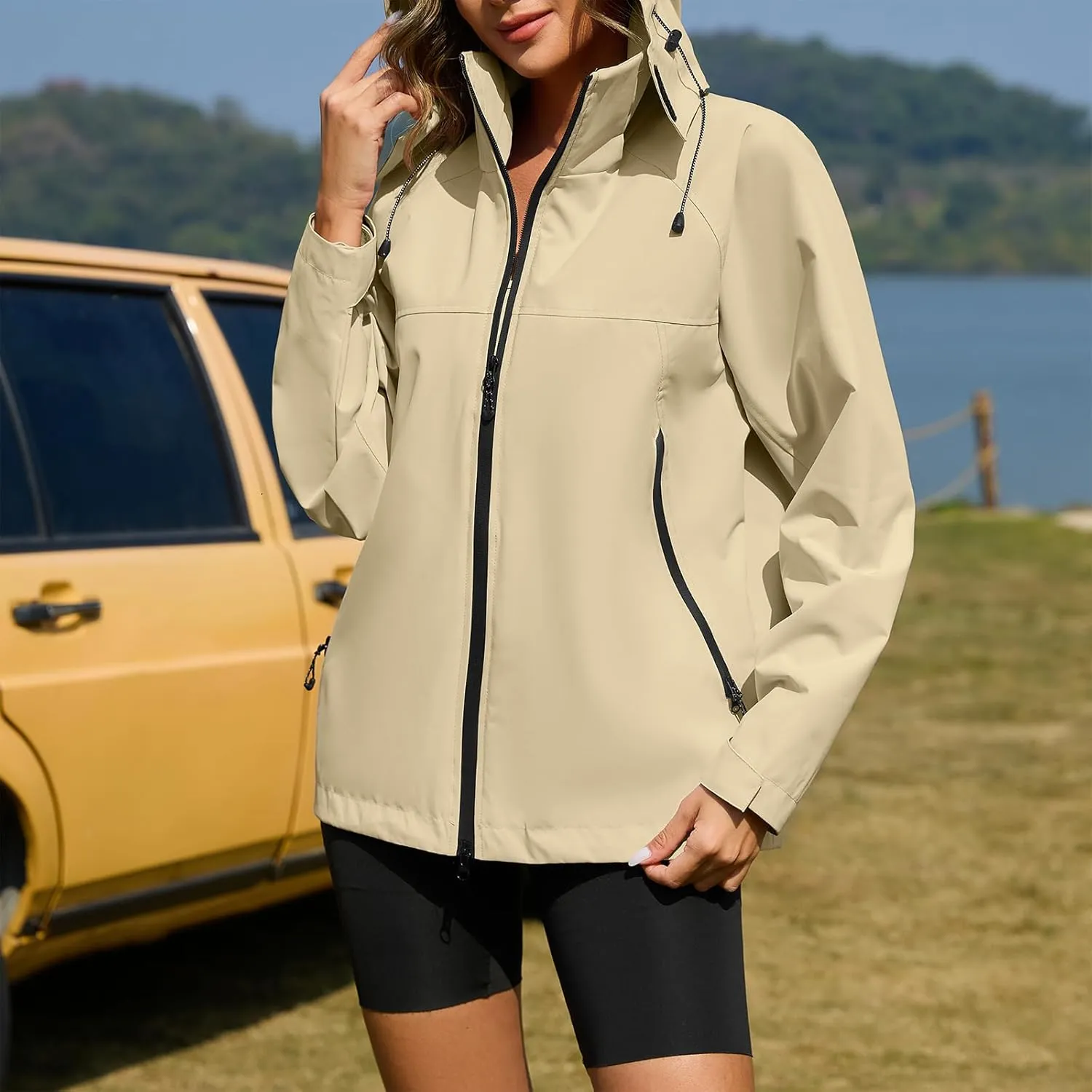 American Trends Rain Jacket Women Waterproof with Hood Travel Rain Coats Loose Fit Windbreaker Spring Jacket