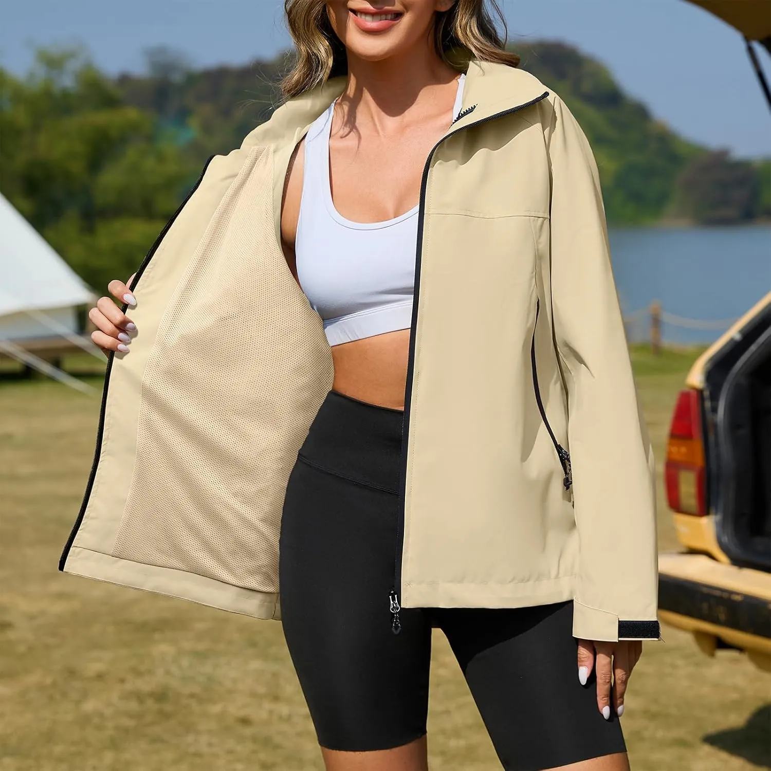 American Trends Rain Jacket Women Waterproof with Hood Travel Rain Coats Loose Fit Windbreaker Spring Jacket