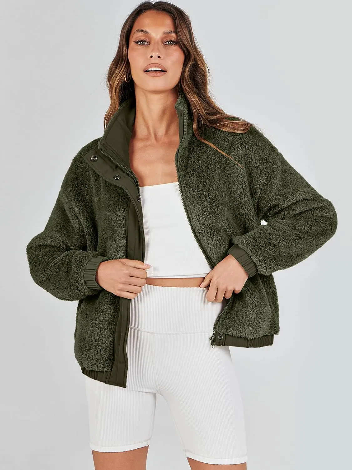 ANRABESS Womens Fleece Jacket Casual Long Sleeve Cropped Sherpa Button Down Fuzzy Warm Coats Fall Outwear With Pockets