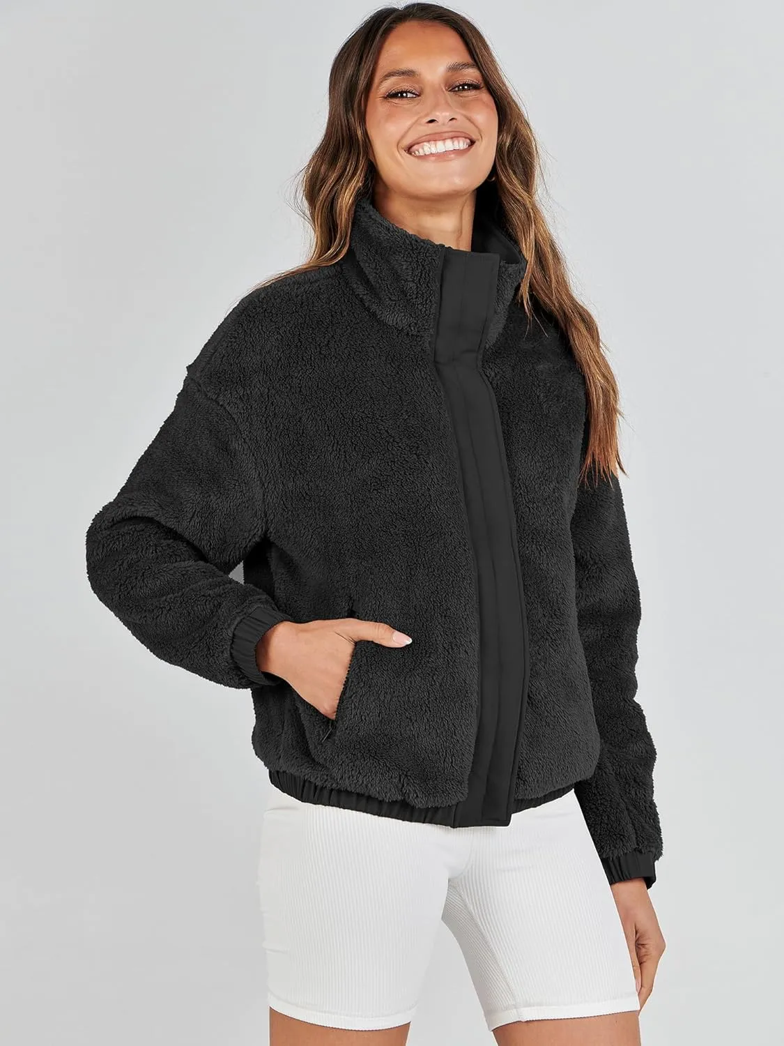 ANRABESS Womens Fleece Jacket Casual Long Sleeve Cropped Sherpa Button Down Fuzzy Warm Coats Fall Outwear With Pockets