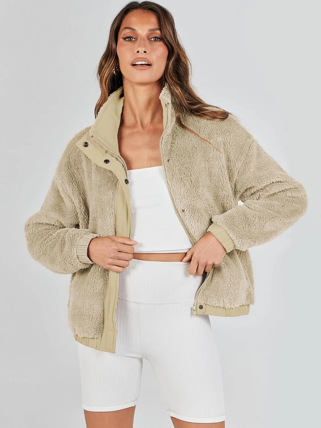 ANRABESS Womens Fleece Jacket Casual Long Sleeve Cropped Sherpa Button Down Fuzzy Warm Coats Fall Outwear With Pockets