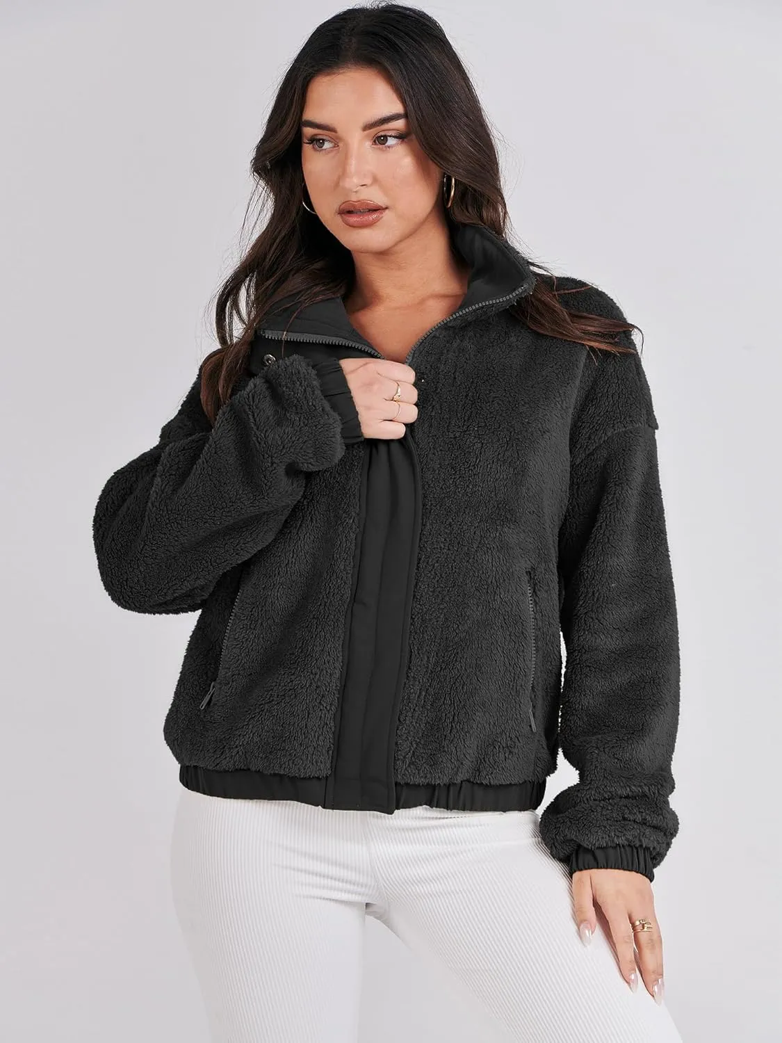ANRABESS Womens Fleece Jacket Casual Long Sleeve Cropped Sherpa Button Down Fuzzy Warm Coats Fall Outwear With Pockets