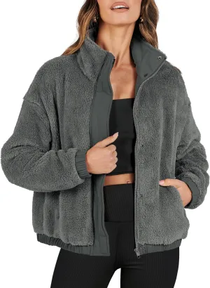 ANRABESS Womens Fleece Jacket Casual Long Sleeve Cropped Sherpa Button Down Fuzzy Warm Coats Fall Outwear With Pockets