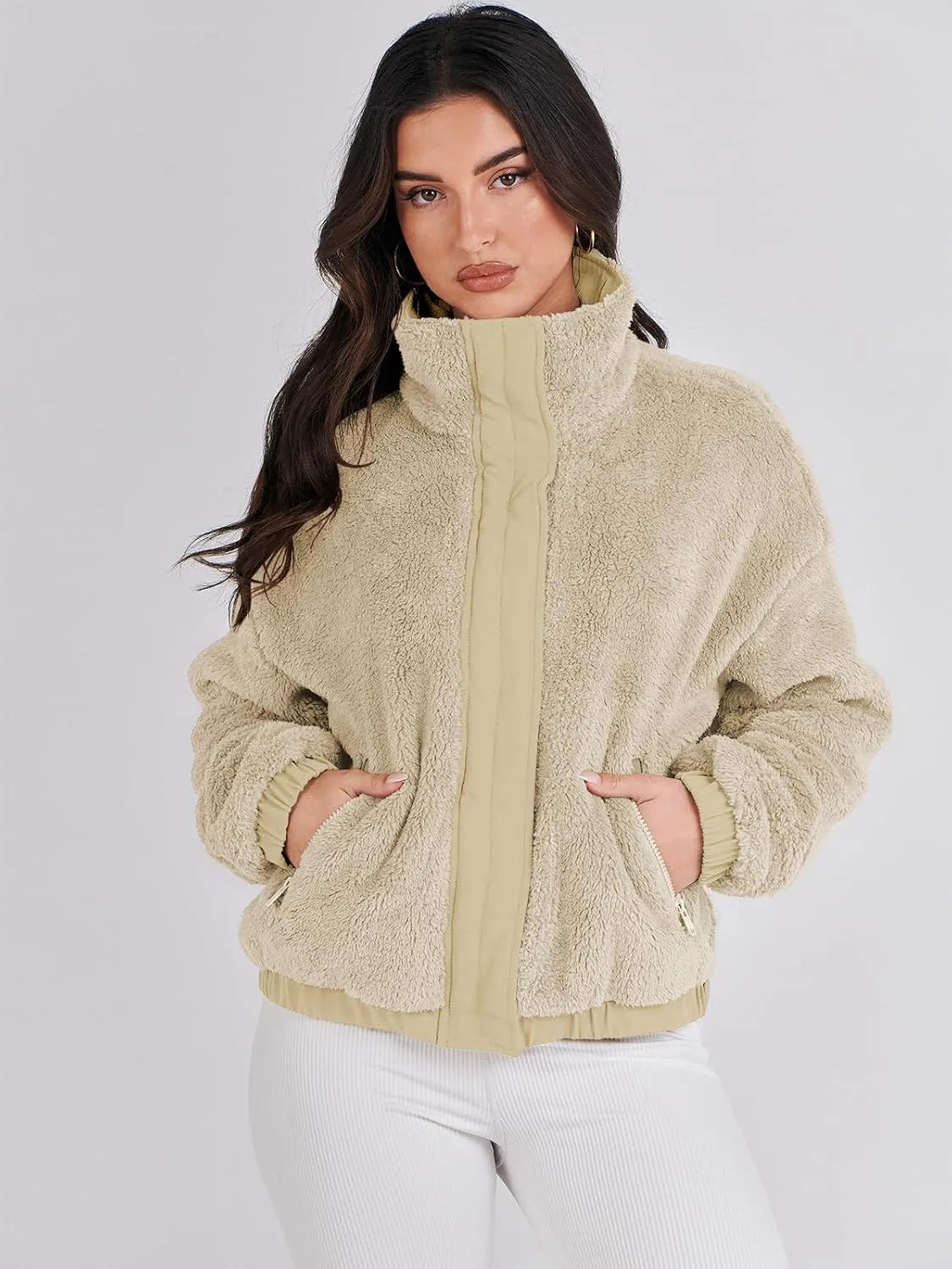 ANRABESS Womens Fleece Jacket Casual Long Sleeve Cropped Sherpa Button Down Fuzzy Warm Coats Fall Outwear With Pockets