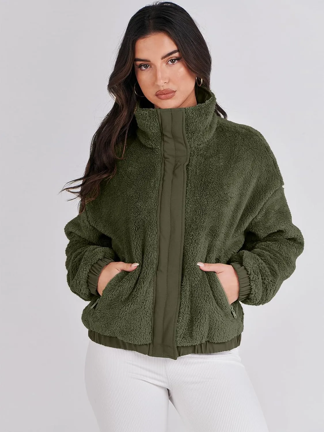 ANRABESS Womens Fleece Jacket Casual Long Sleeve Cropped Sherpa Button Down Fuzzy Warm Coats Fall Outwear With Pockets