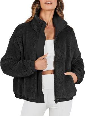 ANRABESS Womens Fleece Jacket Casual Long Sleeve Cropped Sherpa Button Down Fuzzy Warm Coats Fall Outwear With Pockets