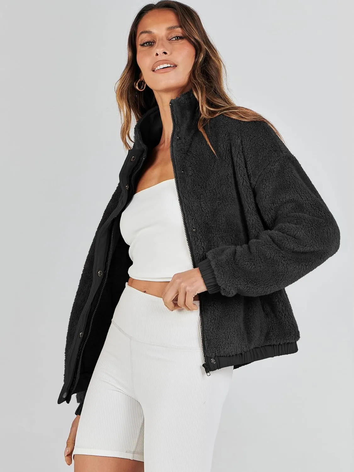 ANRABESS Womens Fleece Jacket Casual Long Sleeve Cropped Sherpa Button Down Fuzzy Warm Coats Fall Outwear With Pockets