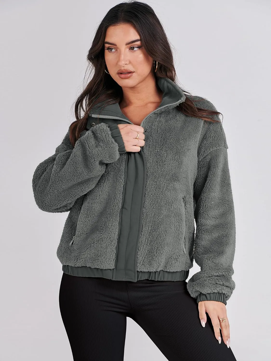ANRABESS Womens Fleece Jacket Casual Long Sleeve Cropped Sherpa Button Down Fuzzy Warm Coats Fall Outwear With Pockets