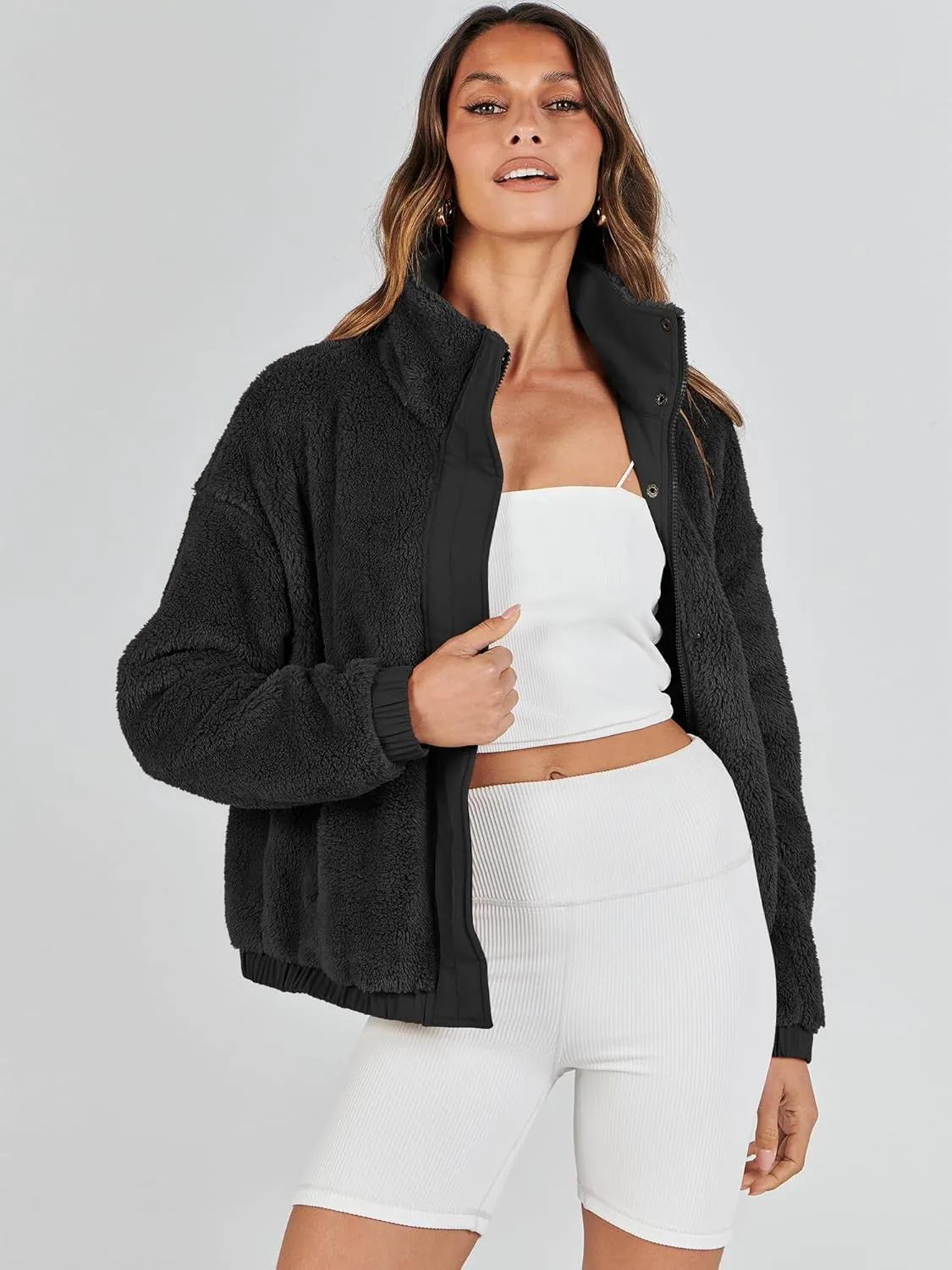 ANRABESS Womens Fleece Jacket Casual Long Sleeve Cropped Sherpa Button Down Fuzzy Warm Coats Fall Outwear With Pockets
