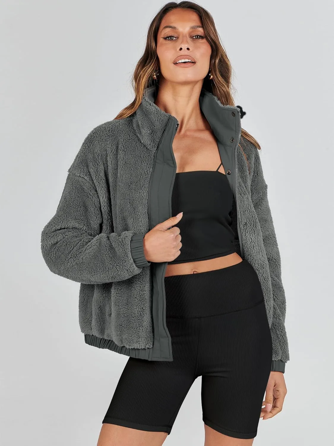 ANRABESS Womens Fleece Jacket Casual Long Sleeve Cropped Sherpa Button Down Fuzzy Warm Coats Fall Outwear With Pockets