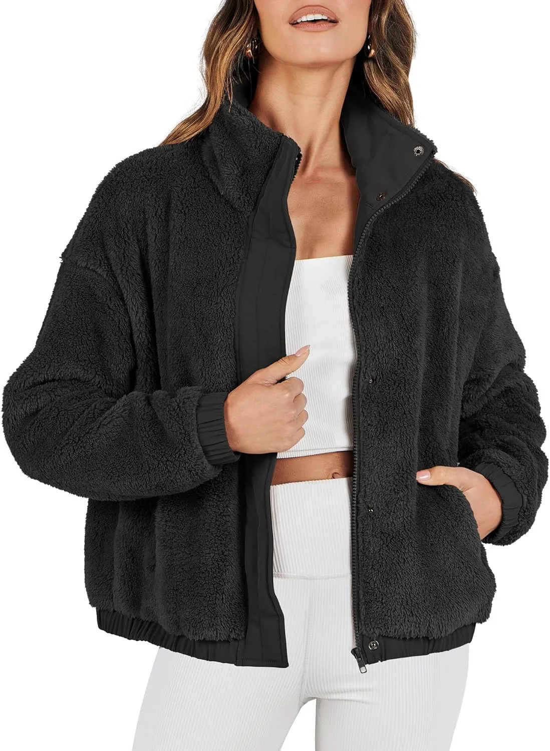 ANRABESS Womens Fleece Jacket Casual Long Sleeve Cropped Sherpa Button Down Fuzzy Warm Coats Fall Outwear With Pockets