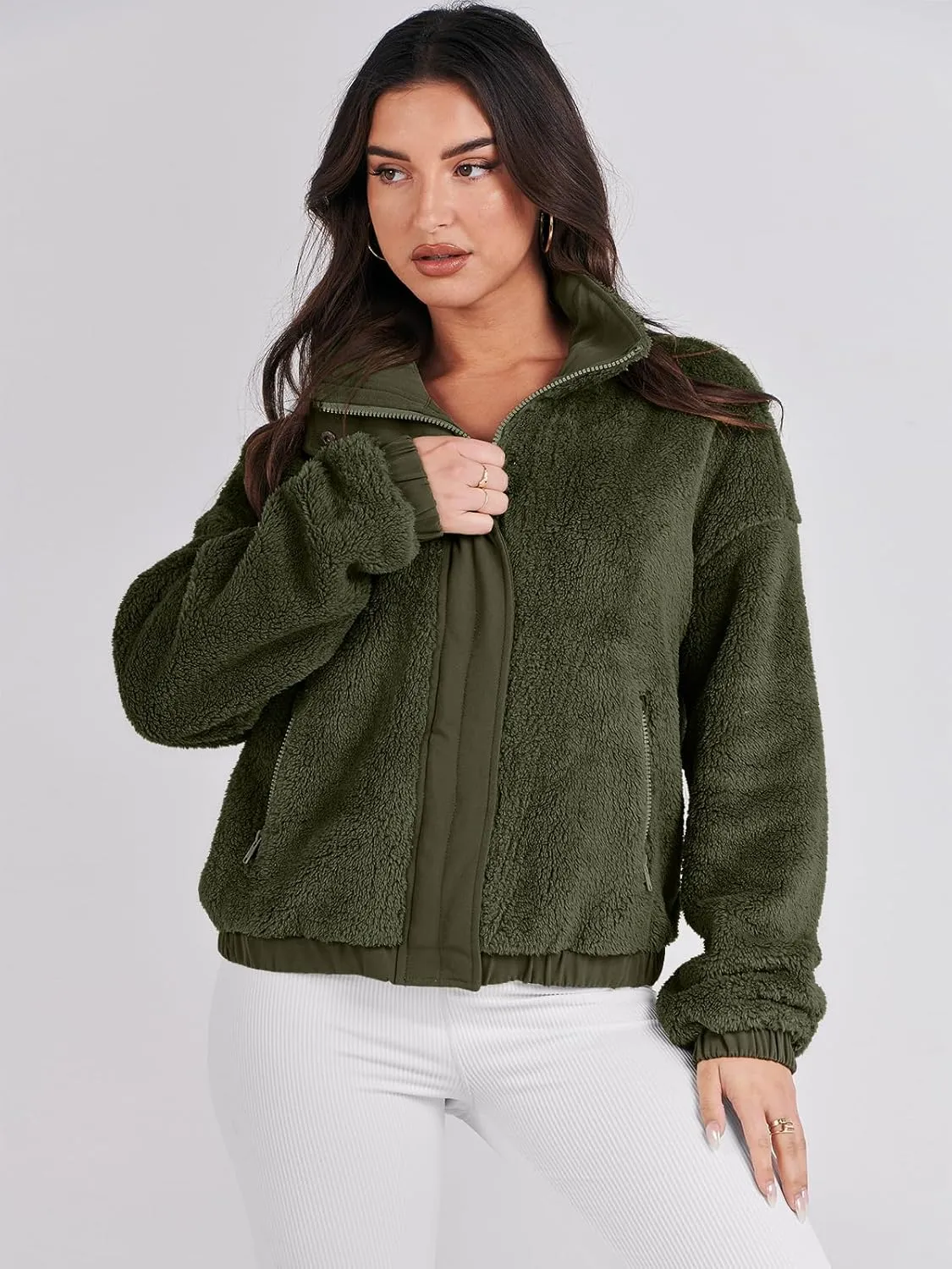 ANRABESS Womens Fleece Jacket Casual Long Sleeve Cropped Sherpa Button Down Fuzzy Warm Coats Fall Outwear With Pockets