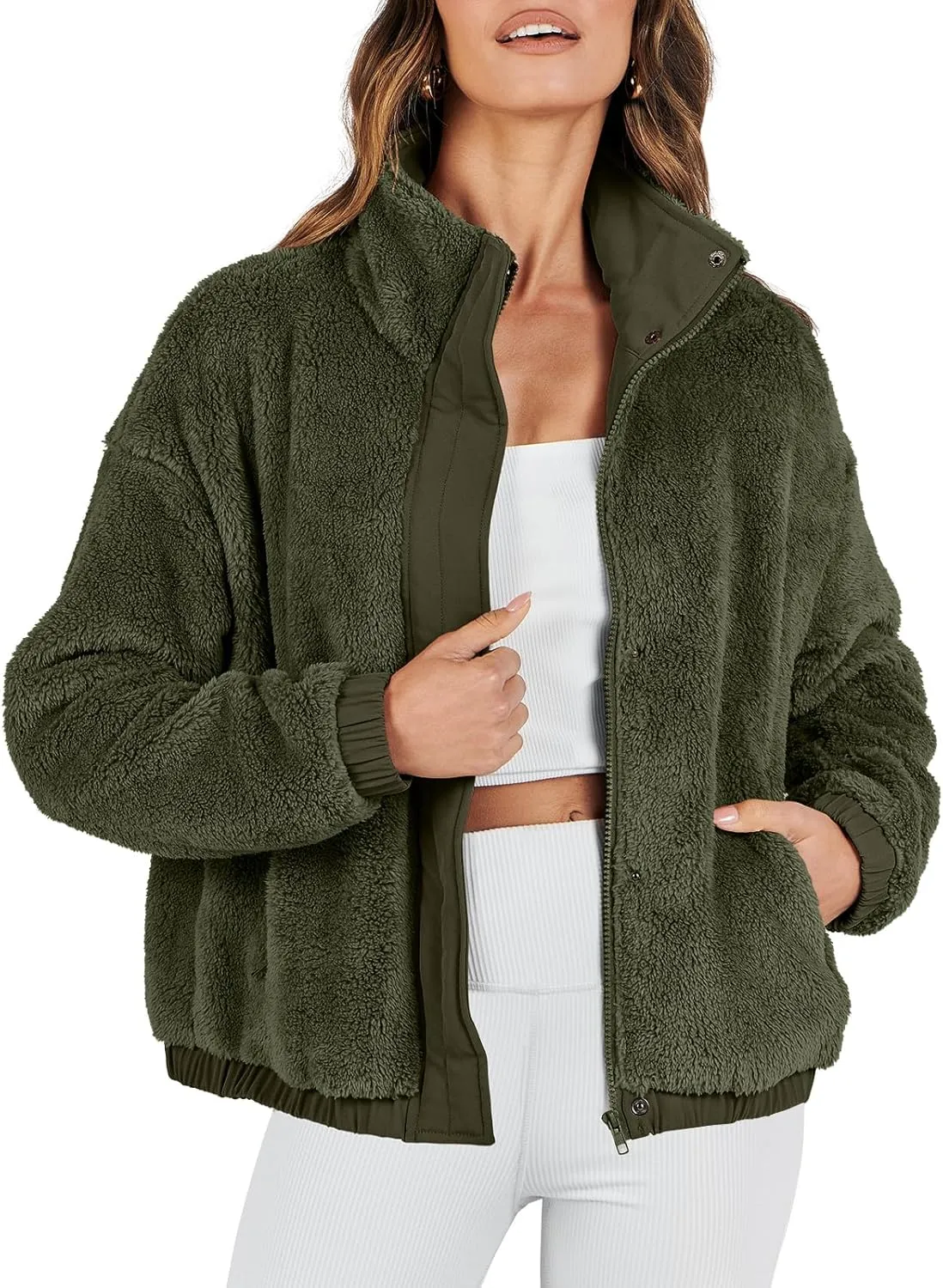 ANRABESS Womens Fleece Jacket Casual Long Sleeve Cropped Sherpa Button Down Fuzzy Warm Coats Fall Outwear With Pockets