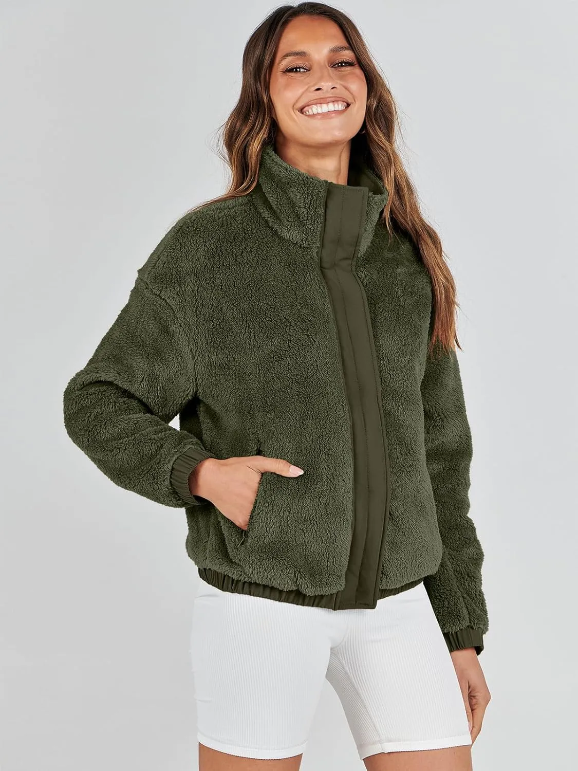 ANRABESS Womens Fleece Jacket Casual Long Sleeve Cropped Sherpa Button Down Fuzzy Warm Coats Fall Outwear With Pockets