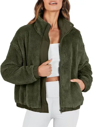 ANRABESS Womens Fleece Jacket Casual Long Sleeve Cropped Sherpa Button Down Fuzzy Warm Coats Fall Outwear With Pockets