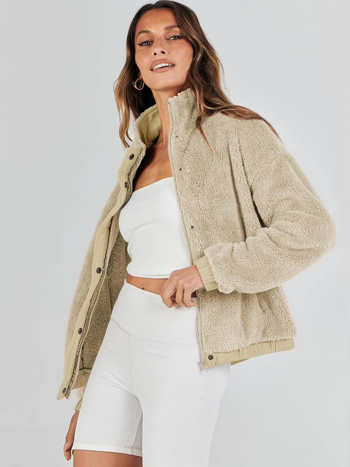 ANRABESS Womens Fleece Jacket Casual Long Sleeve Cropped Sherpa Button Down Fuzzy Warm Coats Fall Outwear With Pockets