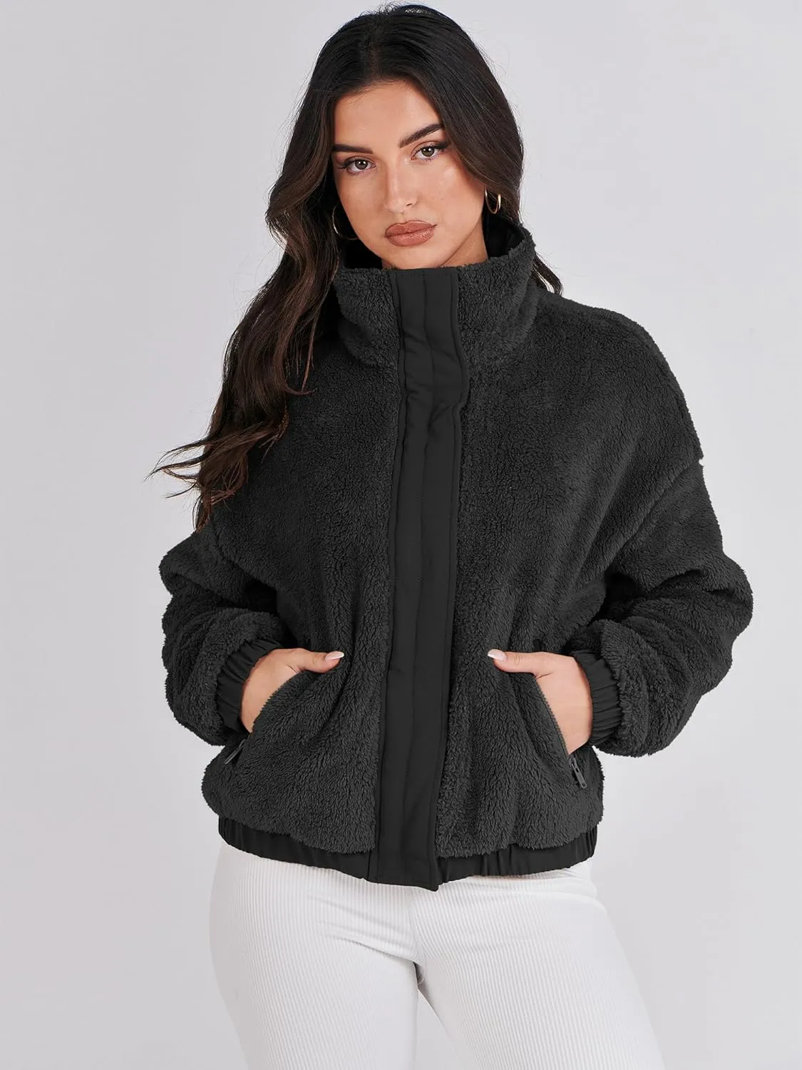 ANRABESS Womens Fleece Jacket Casual Long Sleeve Cropped Sherpa Button Down Fuzzy Warm Coats Fall Outwear With Pockets