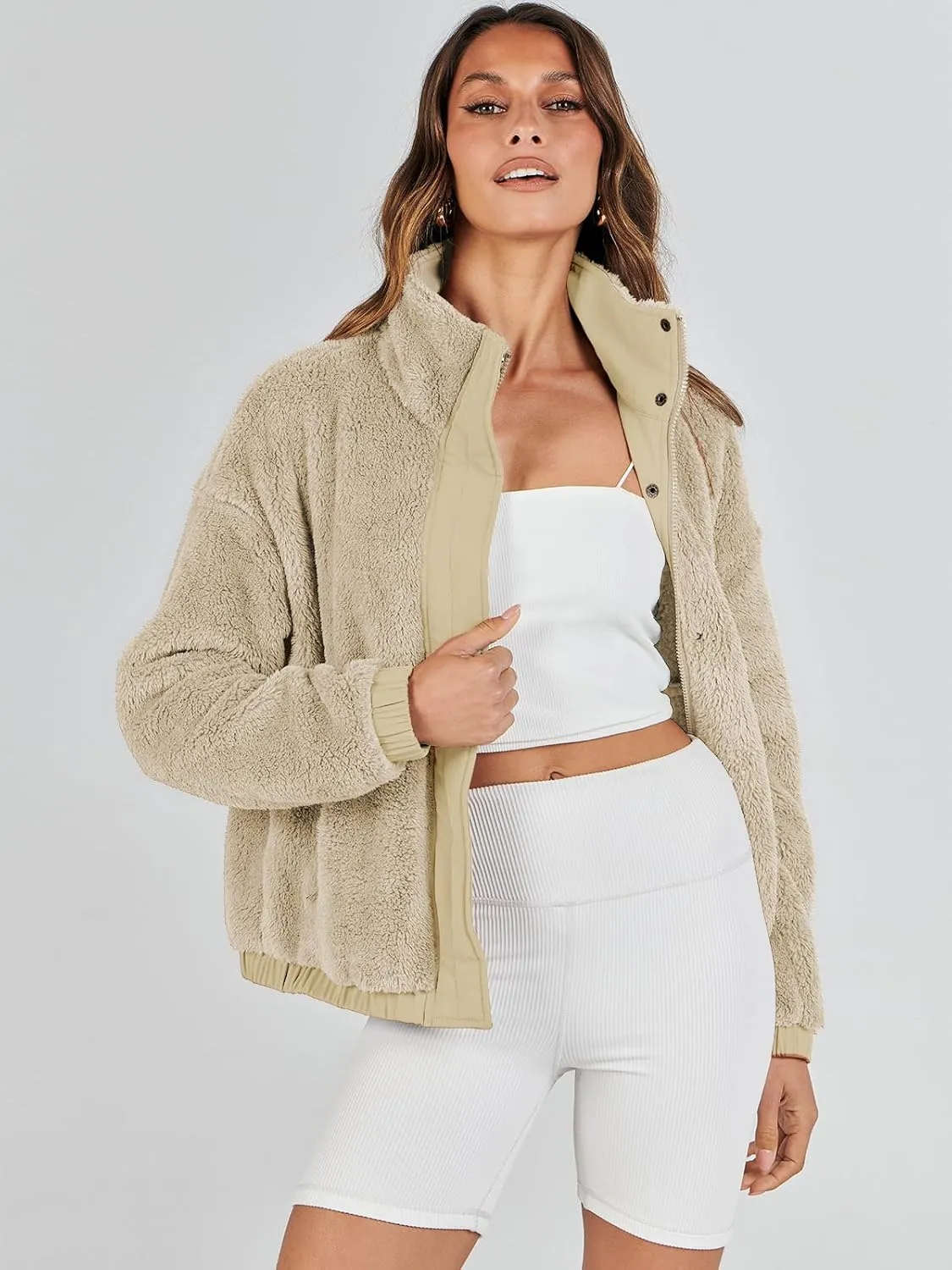 ANRABESS Womens Fleece Jacket Casual Long Sleeve Cropped Sherpa Button Down Fuzzy Warm Coats Fall Outwear With Pockets