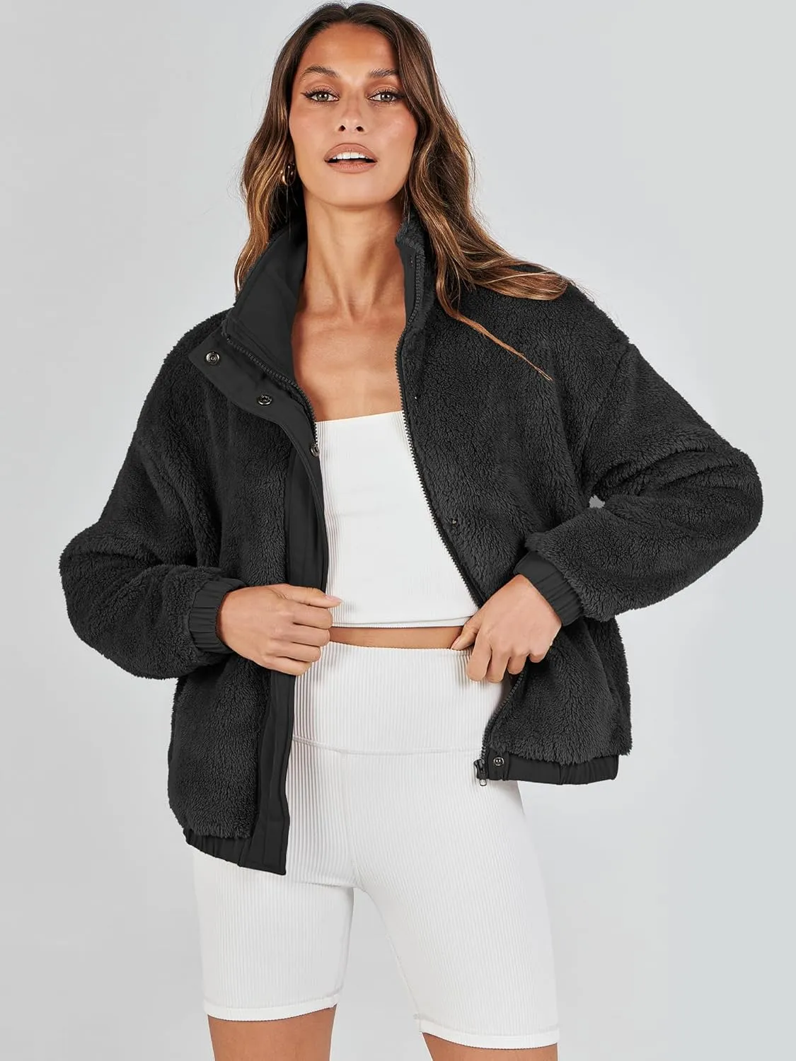 ANRABESS Womens Fleece Jacket Casual Long Sleeve Cropped Sherpa Button Down Fuzzy Warm Coats Fall Outwear With Pockets