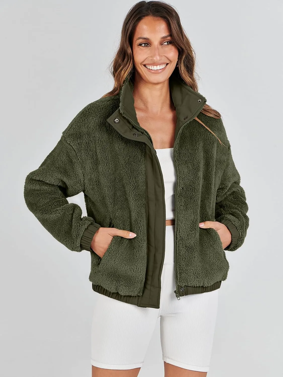ANRABESS Womens Fleece Jacket Casual Long Sleeve Cropped Sherpa Button Down Fuzzy Warm Coats Fall Outwear With Pockets