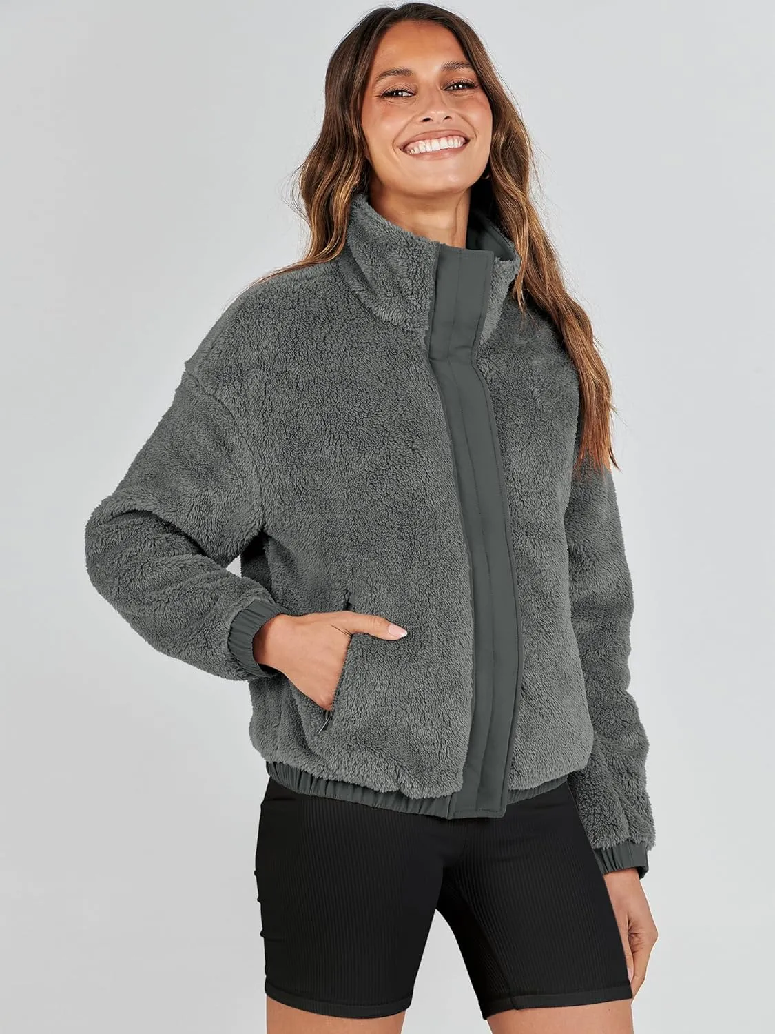 ANRABESS Womens Fleece Jacket Casual Long Sleeve Cropped Sherpa Button Down Fuzzy Warm Coats Fall Outwear With Pockets