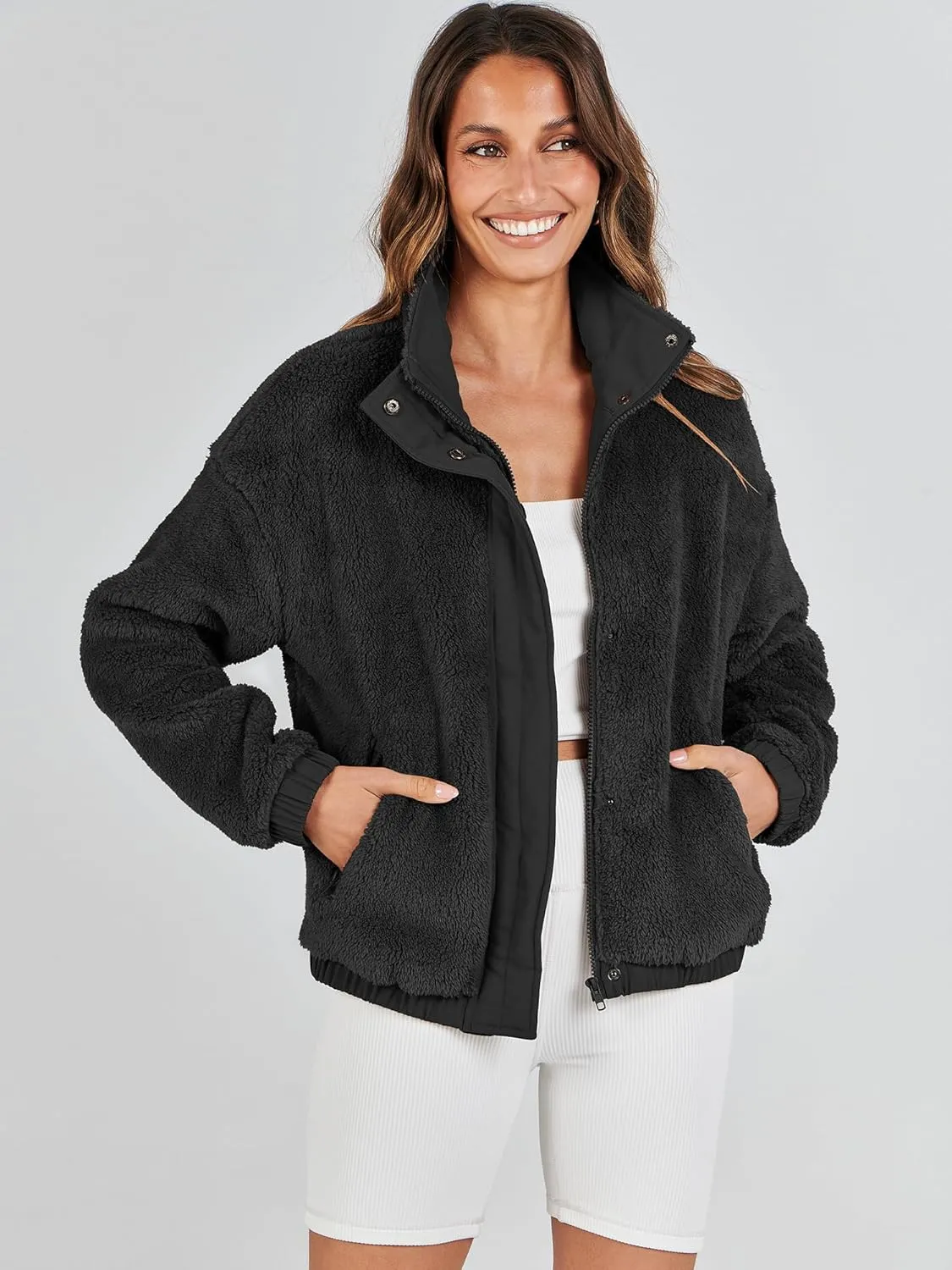 ANRABESS Womens Fleece Jacket Casual Long Sleeve Cropped Sherpa Button Down Fuzzy Warm Coats Fall Outwear With Pockets