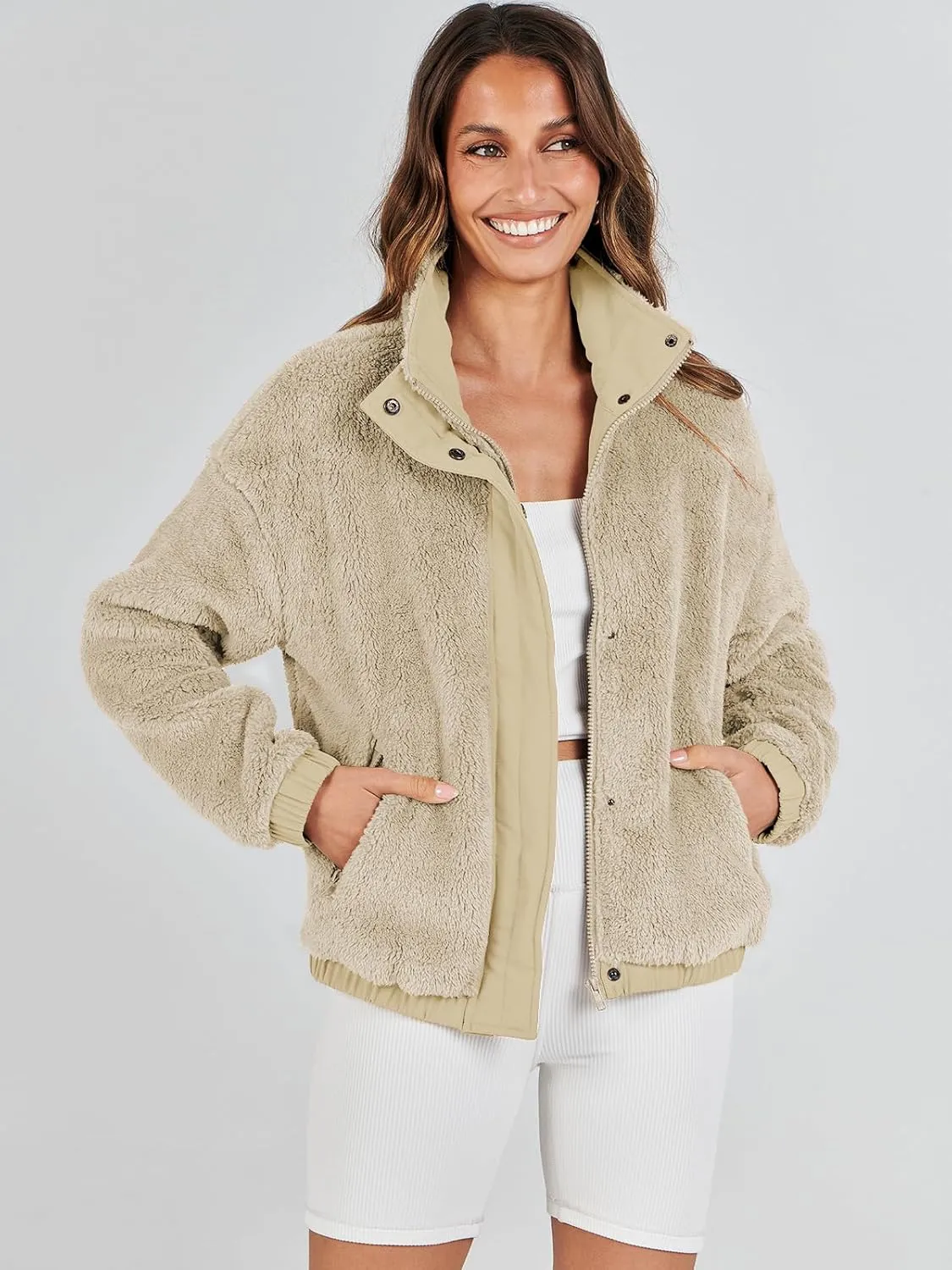 ANRABESS Womens Fleece Jacket Casual Long Sleeve Cropped Sherpa Button Down Fuzzy Warm Coats Fall Outwear With Pockets