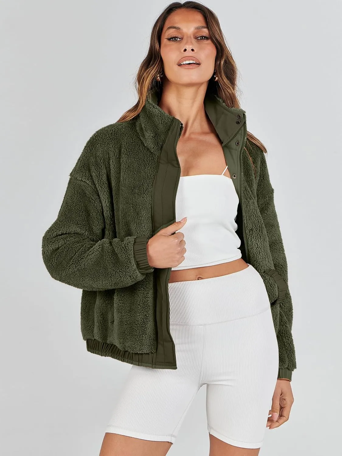 ANRABESS Womens Fleece Jacket Casual Long Sleeve Cropped Sherpa Button Down Fuzzy Warm Coats Fall Outwear With Pockets