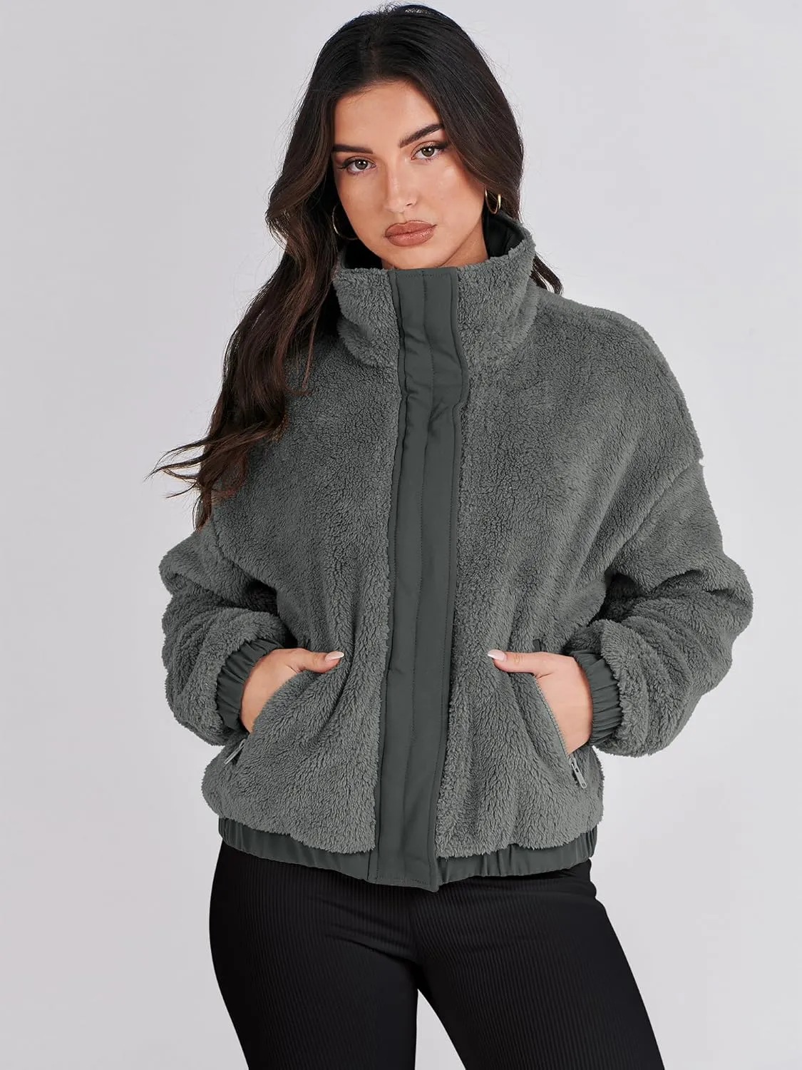 ANRABESS Womens Fleece Jacket Casual Long Sleeve Cropped Sherpa Button Down Fuzzy Warm Coats Fall Outwear With Pockets