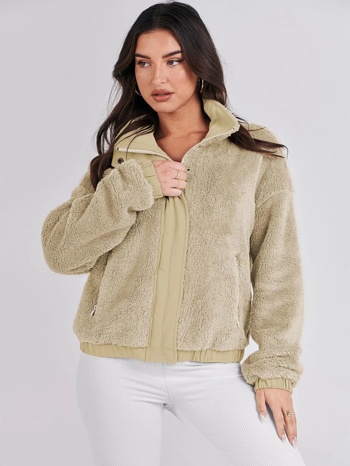 ANRABESS Womens Fleece Jacket Casual Long Sleeve Cropped Sherpa Button Down Fuzzy Warm Coats Fall Outwear With Pockets