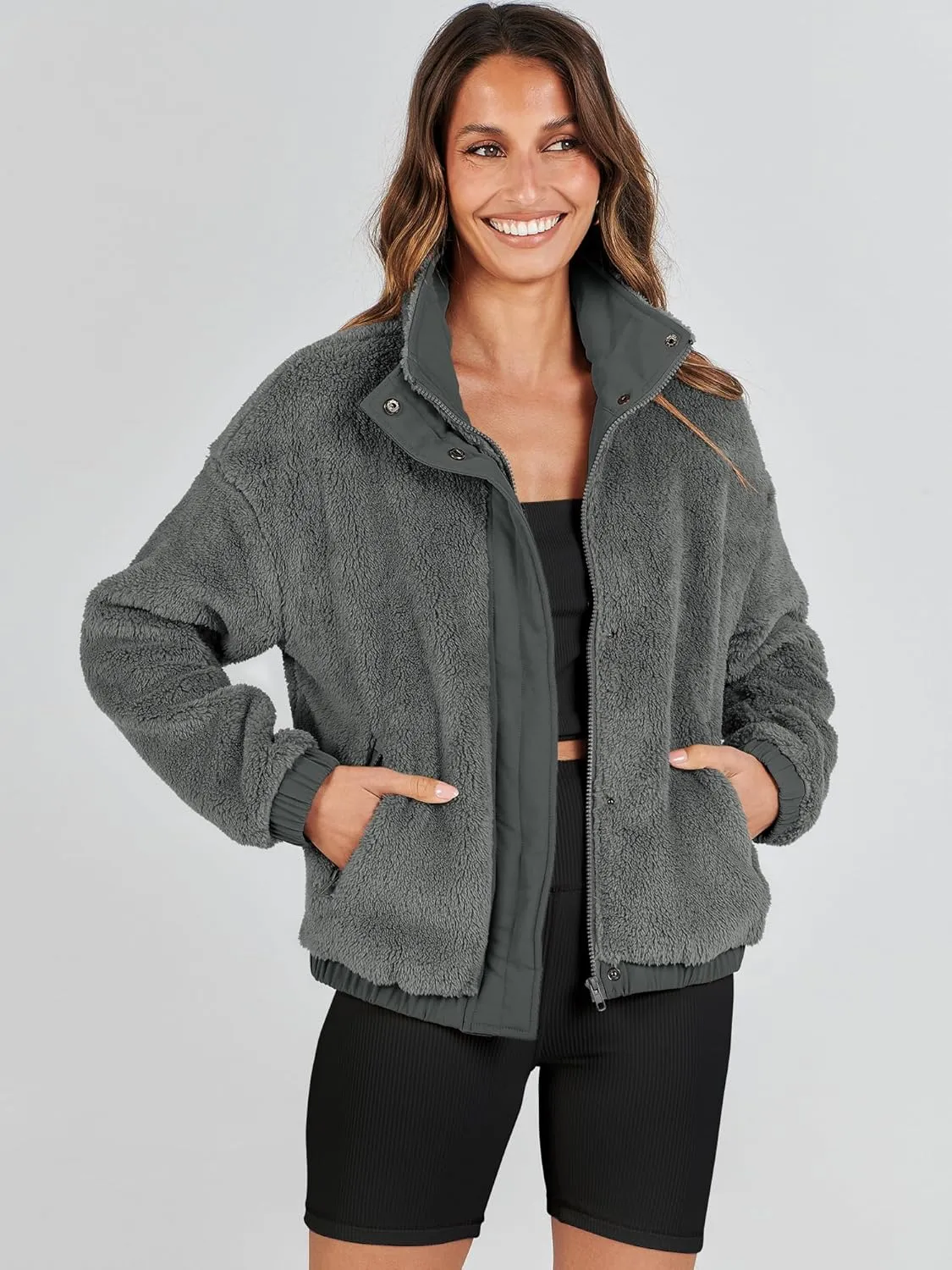 ANRABESS Womens Fleece Jacket Casual Long Sleeve Cropped Sherpa Button Down Fuzzy Warm Coats Fall Outwear With Pockets