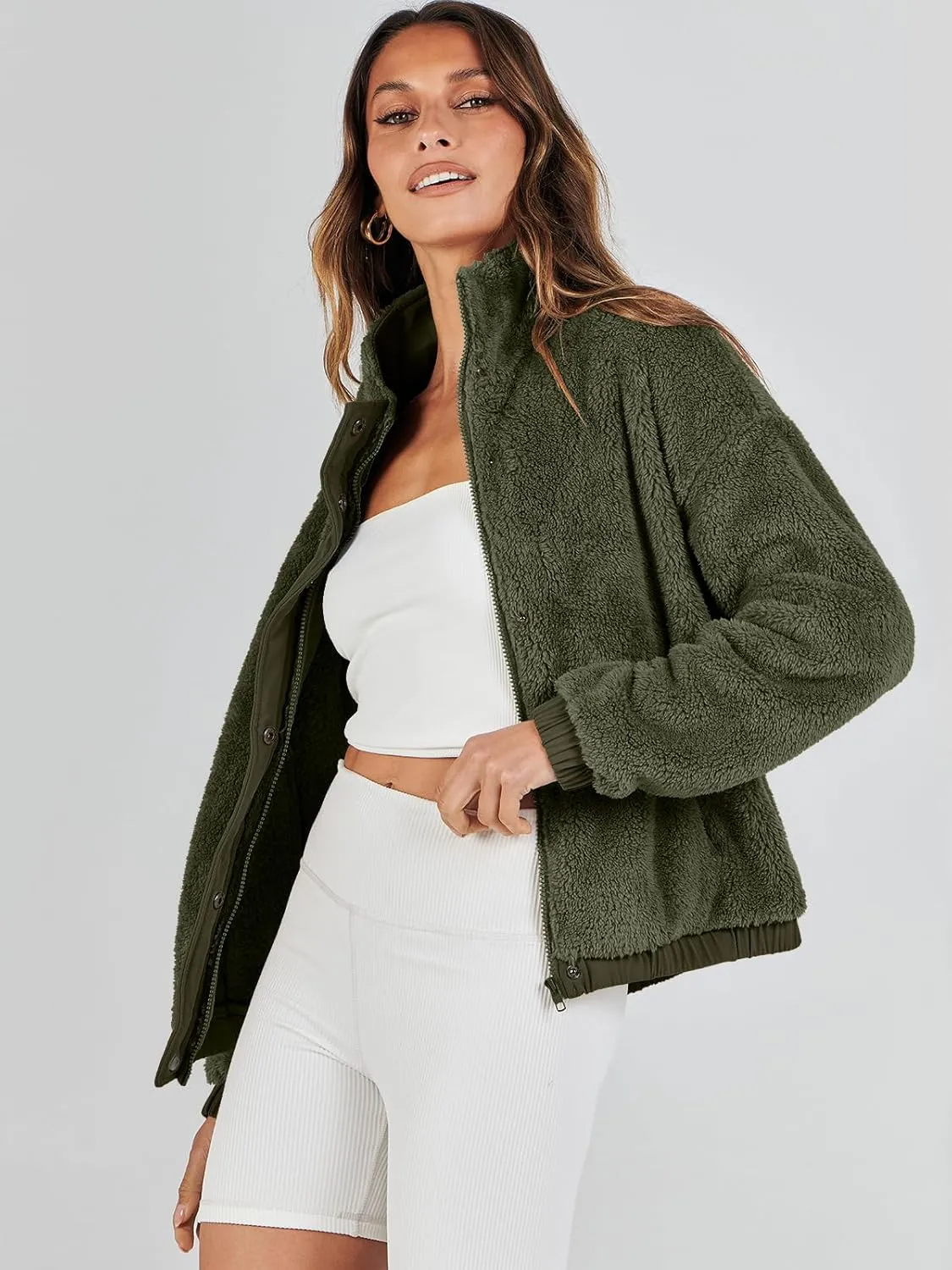 ANRABESS Womens Fleece Jacket Casual Long Sleeve Cropped Sherpa Button Down Fuzzy Warm Coats Fall Outwear With Pockets