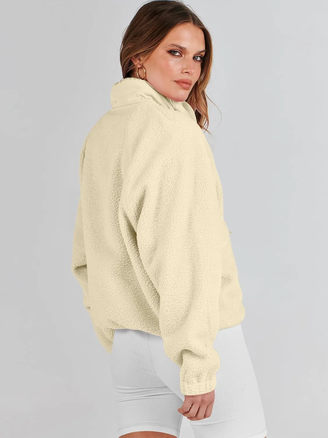 ANRABESS Womens Fuzzy Fleece Jacket Fall Casual Long Sleeve Cropped Sherpa Button Down Shacket Coats Outwear With Pockets