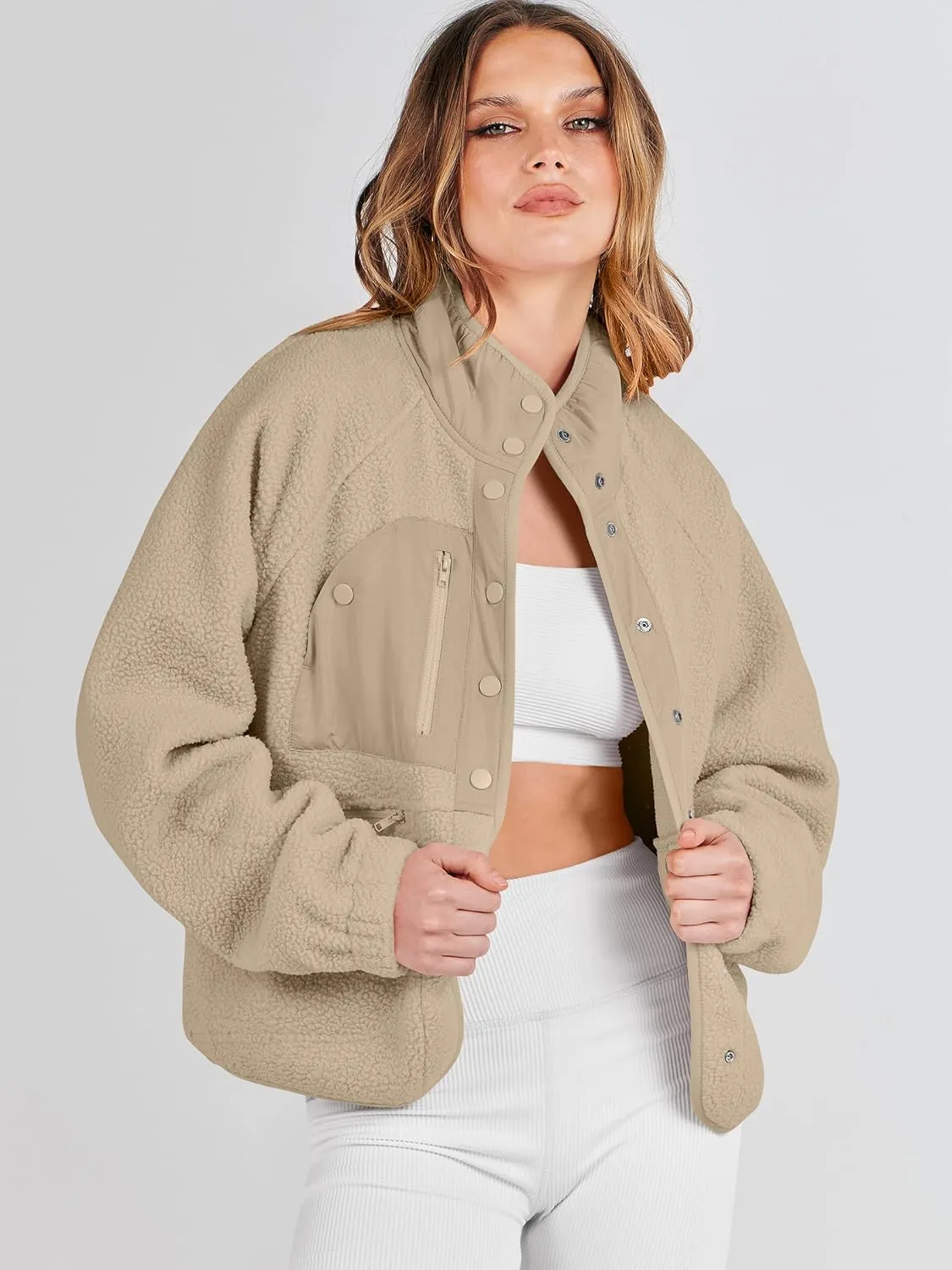 ANRABESS Womens Fuzzy Fleece Jacket Fall Casual Long Sleeve Cropped Sherpa Button Down Shacket Coats Outwear With Pockets