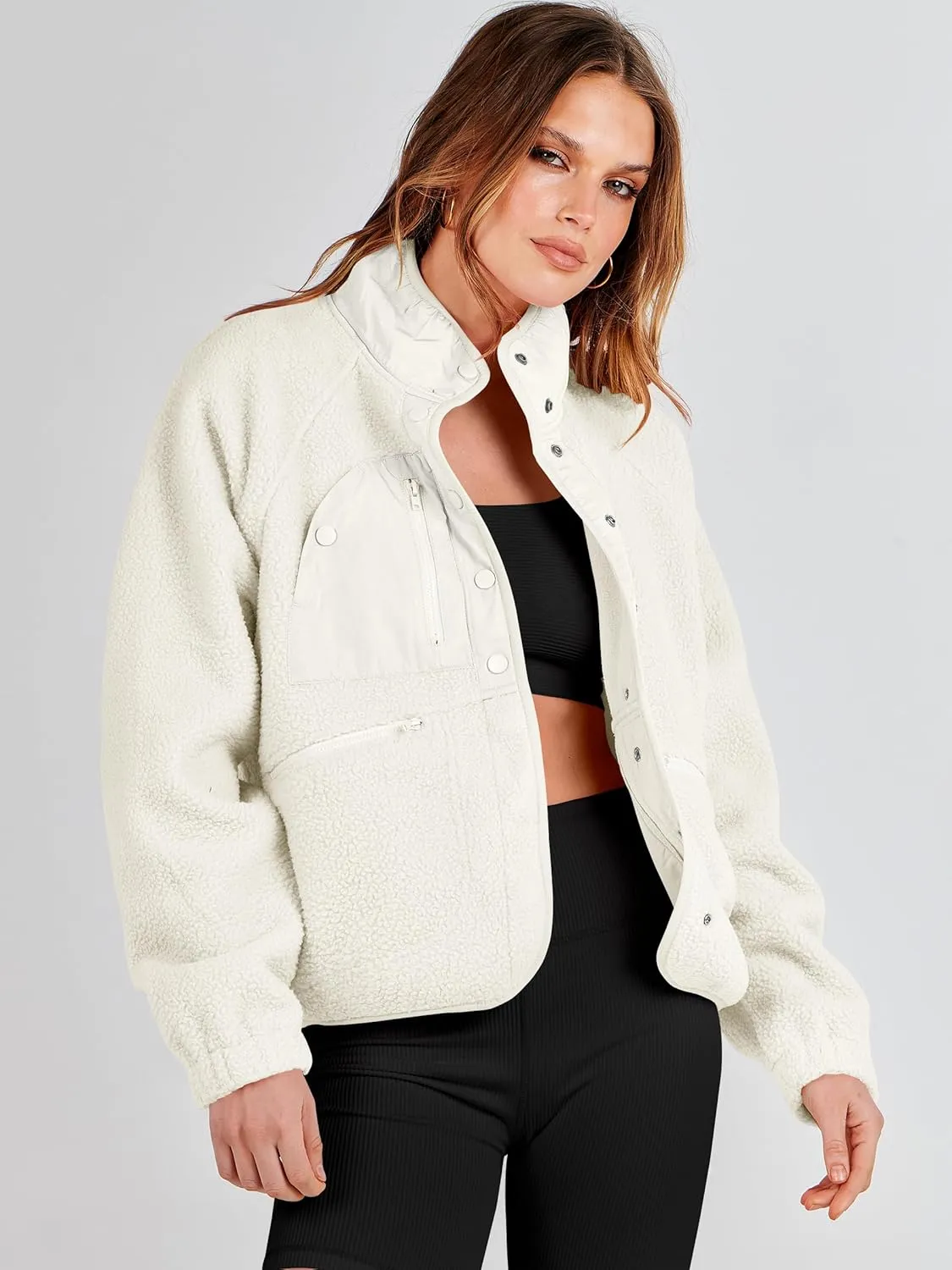ANRABESS Womens Fuzzy Fleece Jacket Fall Casual Long Sleeve Cropped Sherpa Button Down Shacket Coats Outwear With Pockets