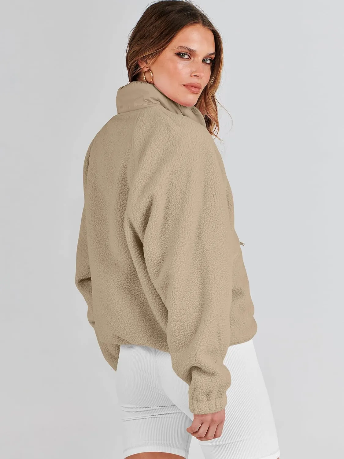 ANRABESS Womens Fuzzy Fleece Jacket Fall Casual Long Sleeve Cropped Sherpa Button Down Shacket Coats Outwear With Pockets