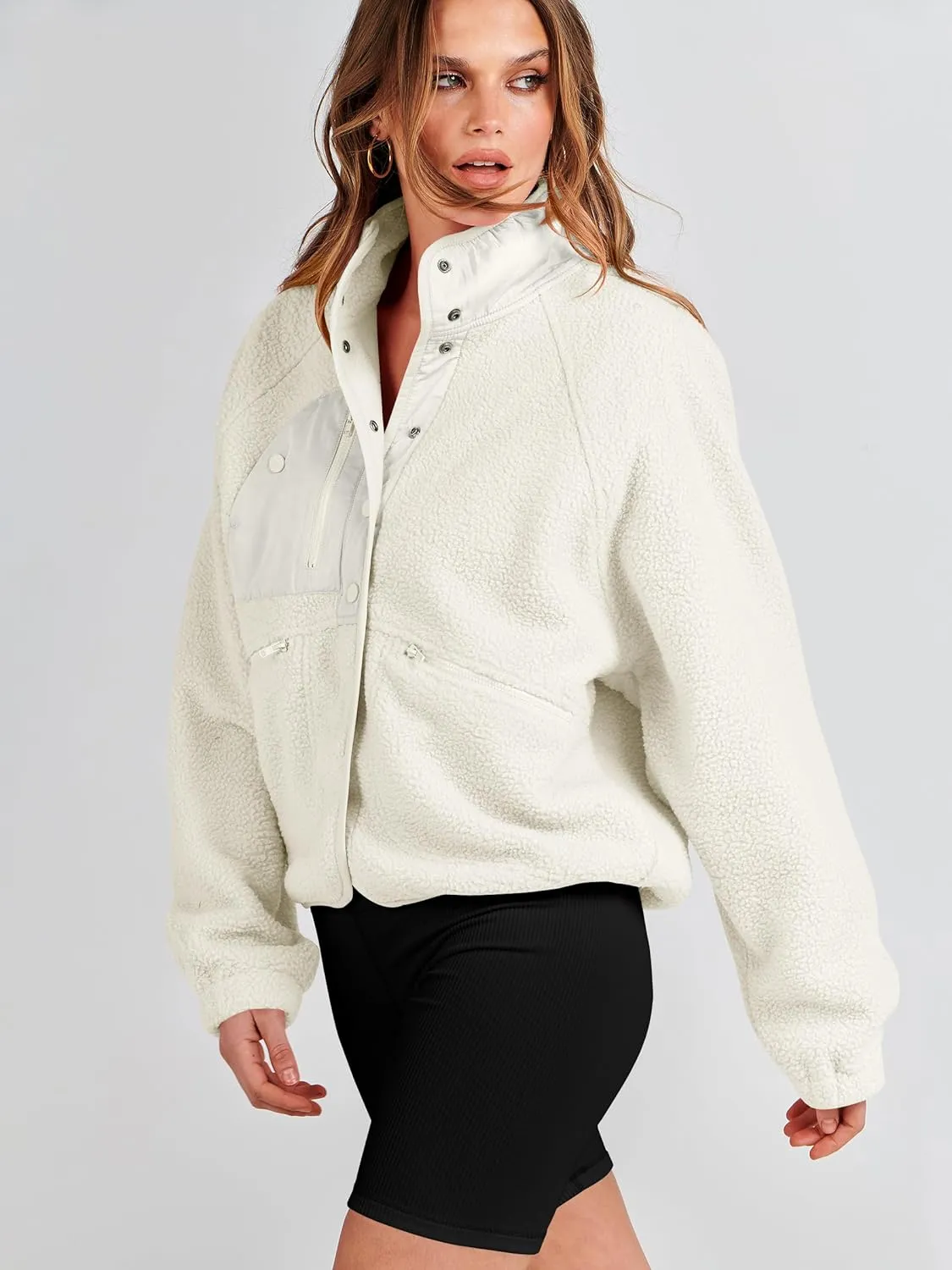 ANRABESS Womens Fuzzy Fleece Jacket Fall Casual Long Sleeve Cropped Sherpa Button Down Shacket Coats Outwear With Pockets