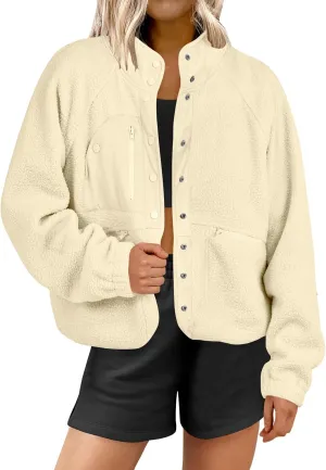 ANRABESS Womens Fuzzy Fleece Jacket Fall Casual Long Sleeve Cropped Sherpa Button Down Shacket Coats Outwear With Pockets