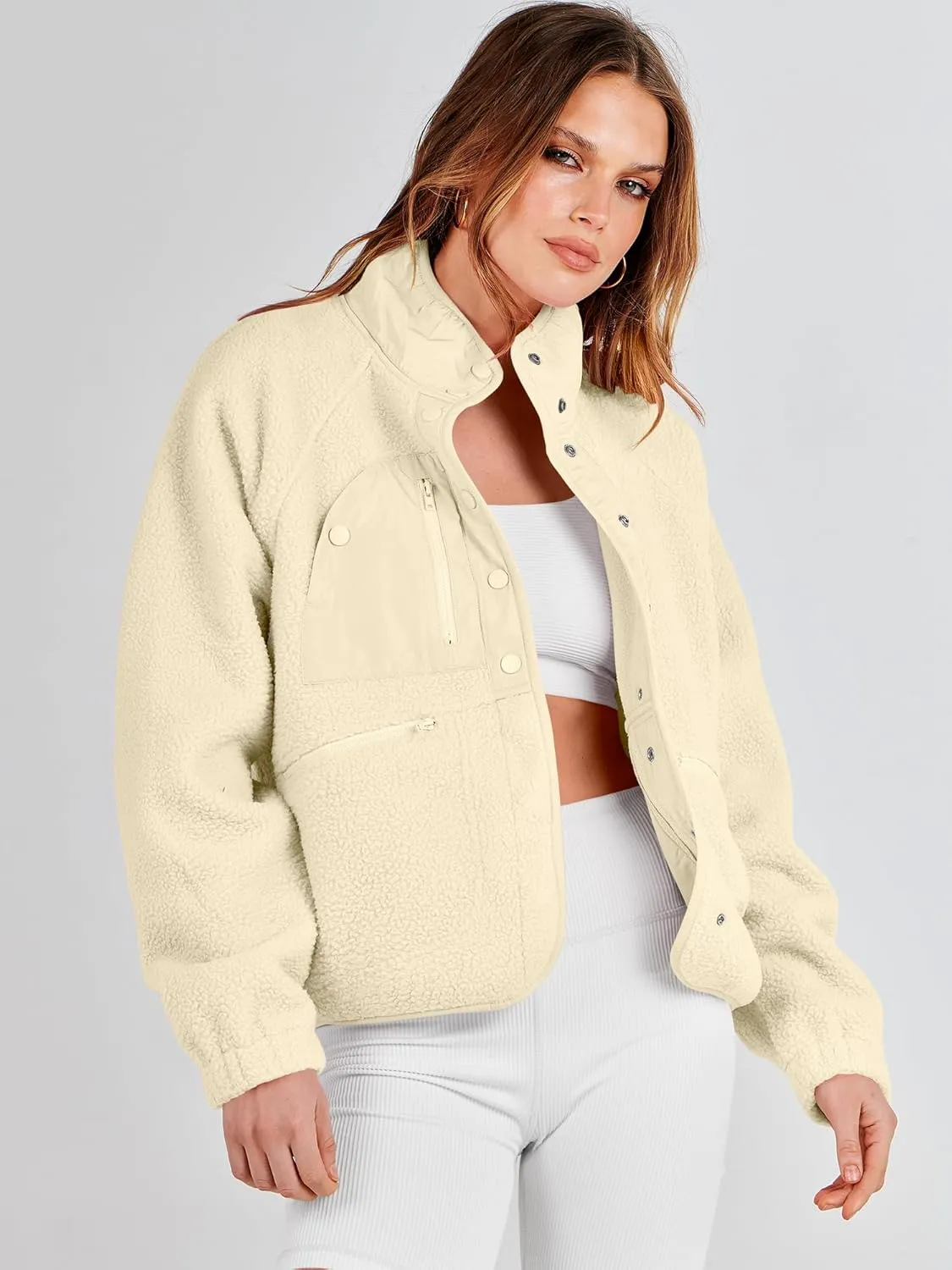 ANRABESS Womens Fuzzy Fleece Jacket Fall Casual Long Sleeve Cropped Sherpa Button Down Shacket Coats Outwear With Pockets