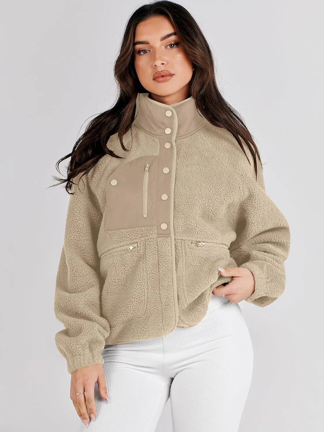 ANRABESS Womens Fuzzy Fleece Jacket Fall Casual Long Sleeve Cropped Sherpa Button Down Shacket Coats Outwear With Pockets
